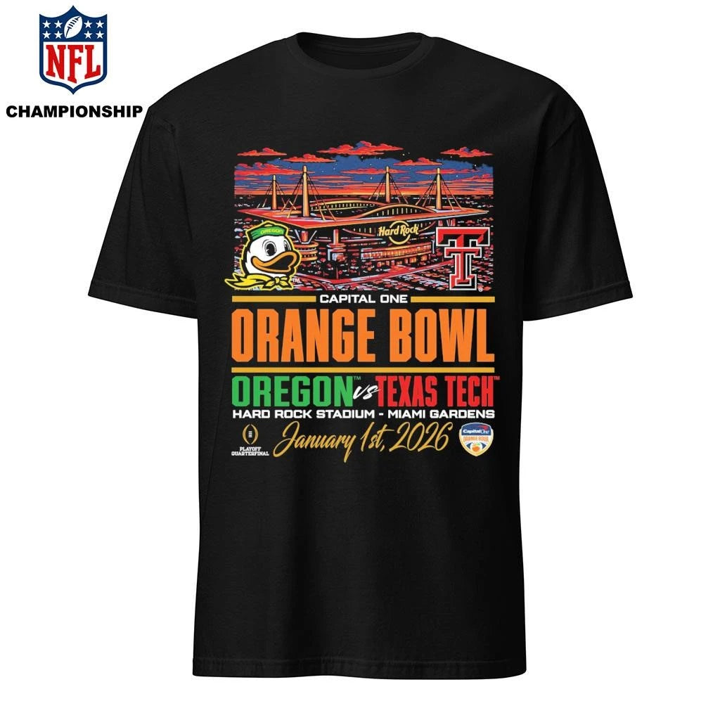 Oregon vs Texas Tech CFP ’26 Orange Bowl city skyline shirt