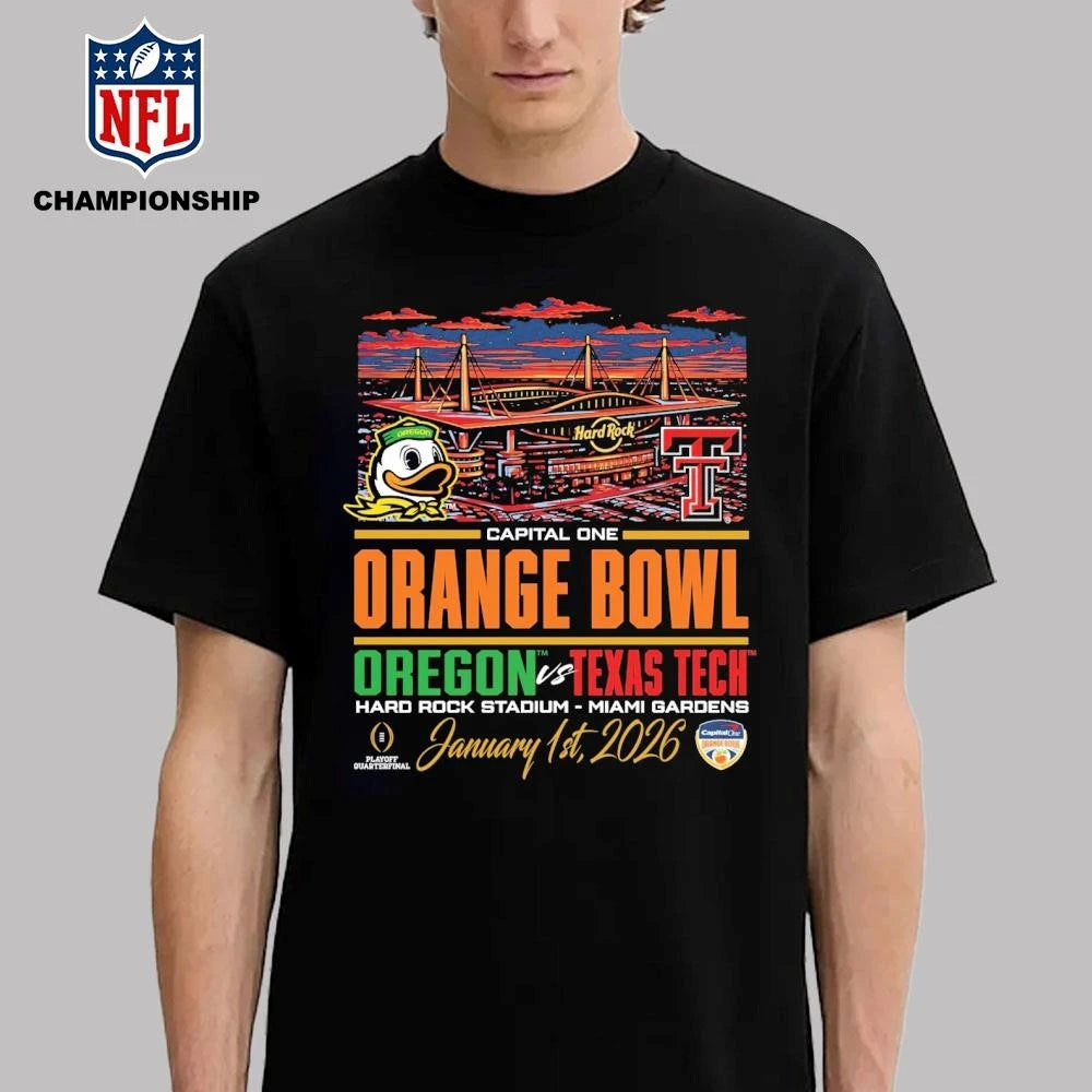 Oregon vs Texas Tech CFP ’26 Orange Bowl city skyline shirt
