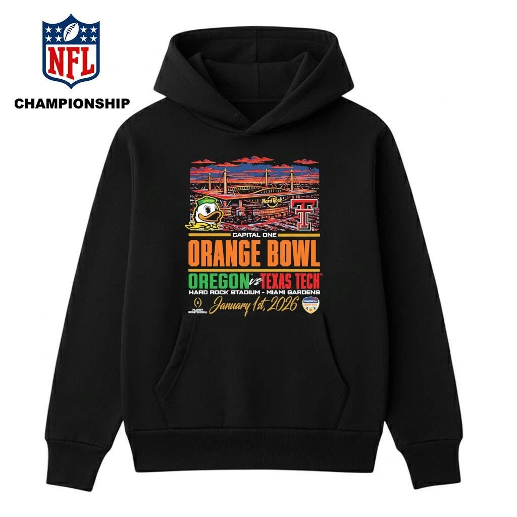 Oregon vs Texas Tech CFP ’26 Orange Bowl city skyline shirt