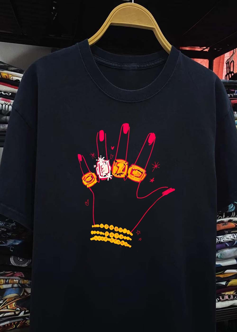 Hand Wearing Rings and Bracelets 13 + 87 TNT Love Story T-Shirt