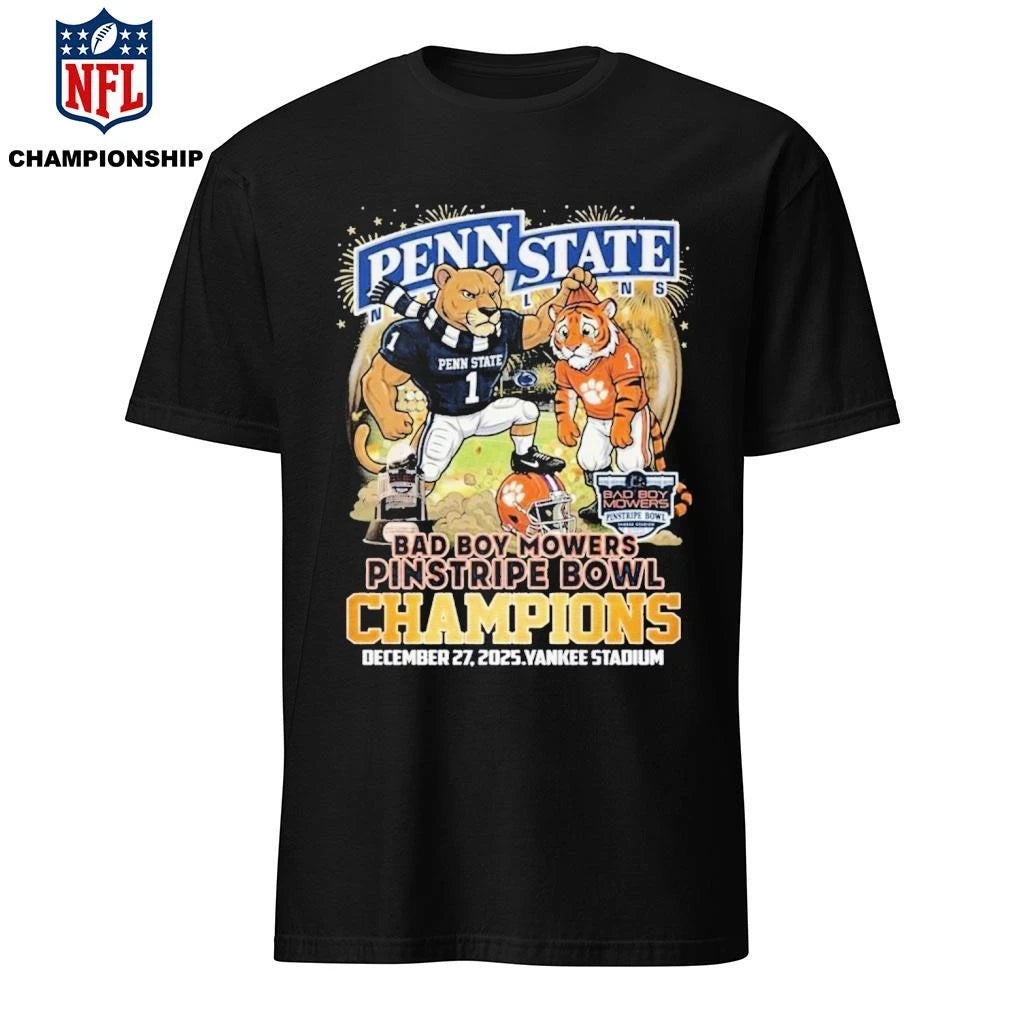Penn State Nittany Lions 2025 Dad Boy Mowers Pinstripe Bowl Champions Mascot Shirt