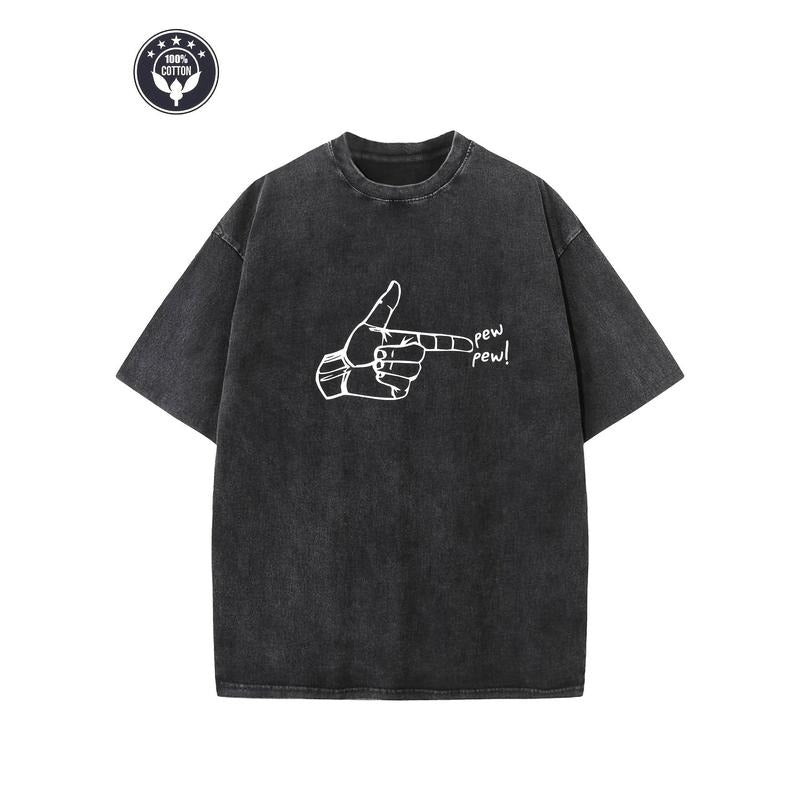 "pew Pew!" Creative Pattern Printing Heavy 230g Pure Cotton Oversized Drop Shoulder T-shirt Washed T-shirt Men's Retro...