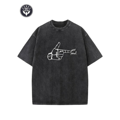 "pew Pew!" Creative Pattern Printing Heavy 230g Pure Cotton Oversized Drop Shoulder T-shirt Washed T-shirt Men's Retro...