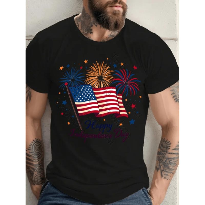 plus size mens printed t shirt patriotic american flag fireworks happy   graphic tee for men big and tall style 100...