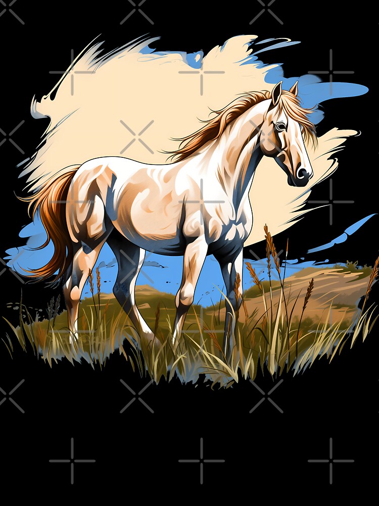 Beautiful white arabian horse grazing on a country meadow illustration by NBSStore