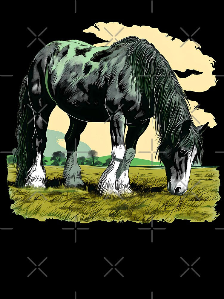Beautiful black shire horse grazing on a country meadow illustration by NBSStore