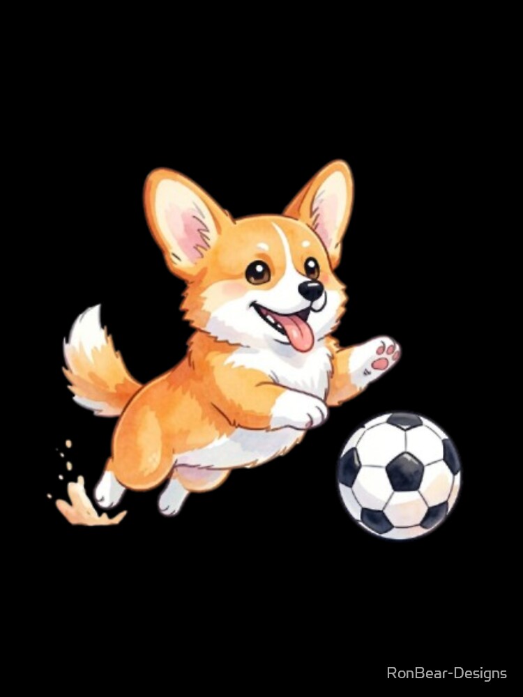 Cute Corgi Puppy Playing Soccer Watercolor Illustration by RonBear-Designs
