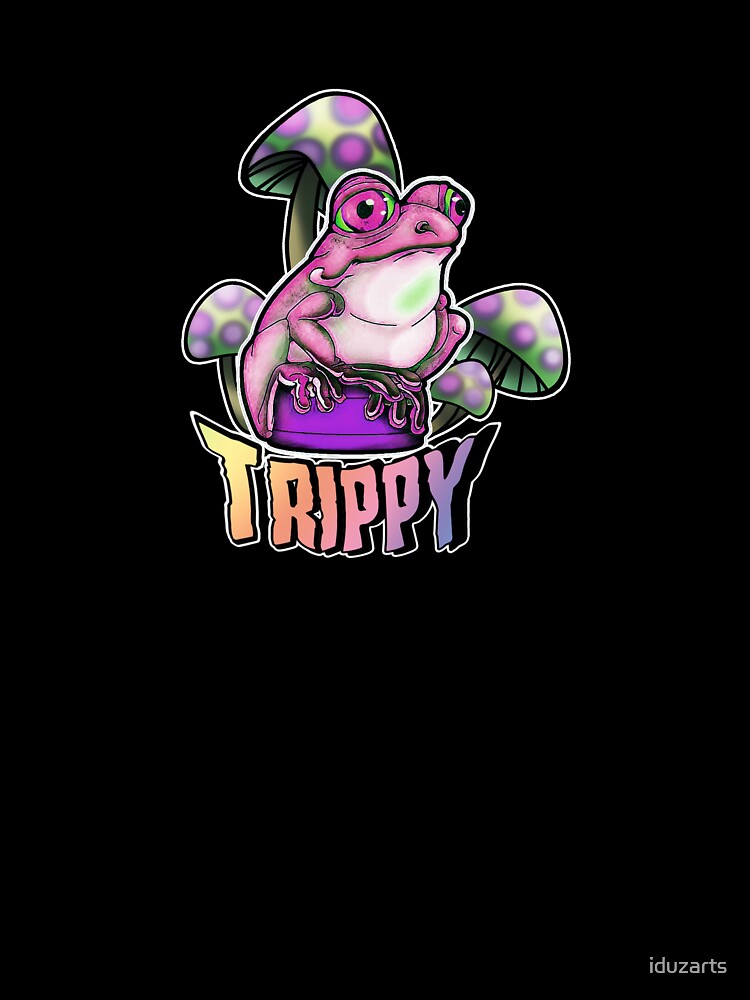 Cute, pink frog on a bottle cap with trippy mushrooms by iduzarts