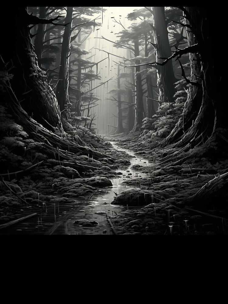 Mystical Black and White Forest – Dark Nature Landscape Illustration by ElGrandeDesign