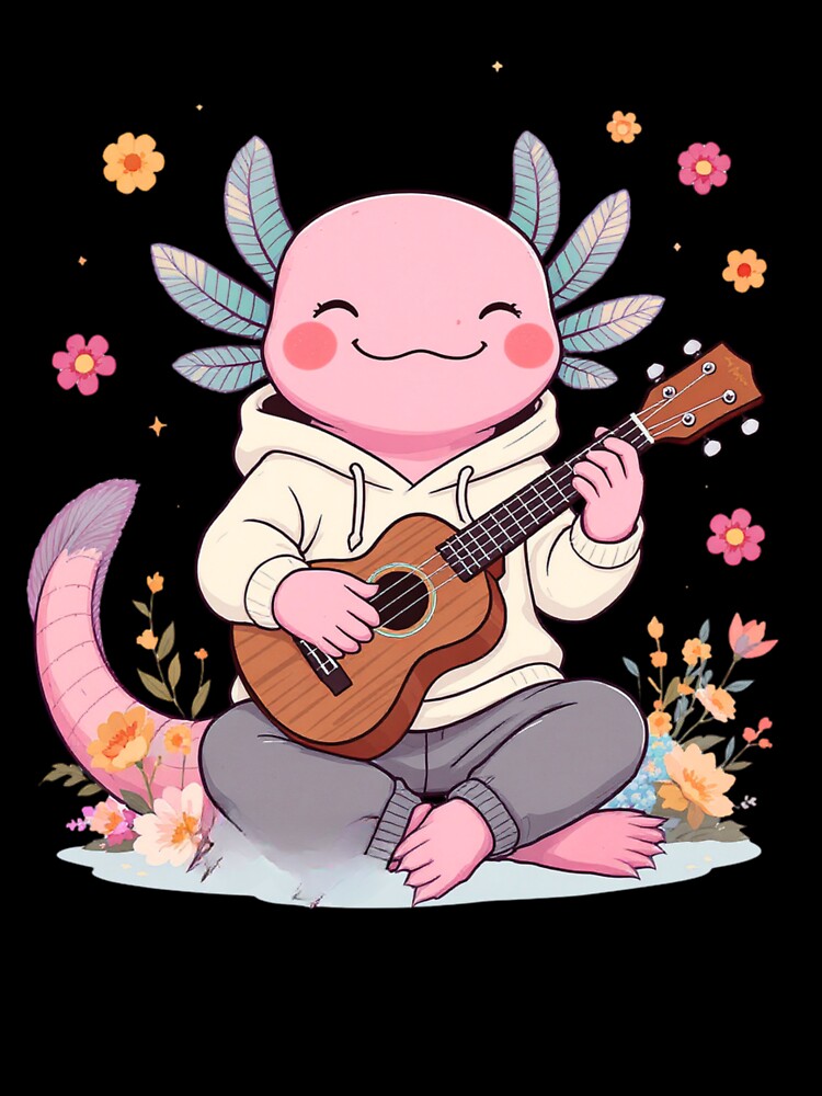 Music Lover Axolotl Playing Ukulele with Flowers – Joyful Creative Illustration by ColorSplash123
