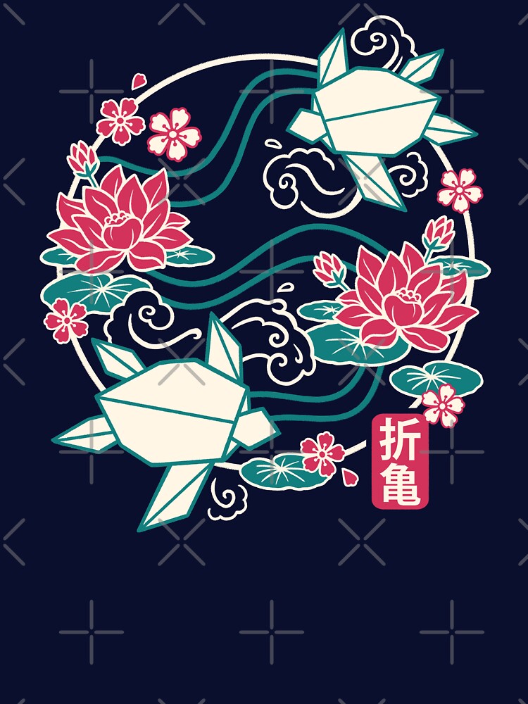 Geometric Origami Turtle on Water Lily - Longevity Kanji & Lotus Flower Art by NemiMakeit