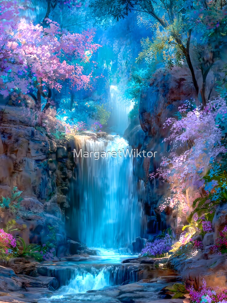Enchanting Waterfall in Blooming Forest by MargaretWiktor
