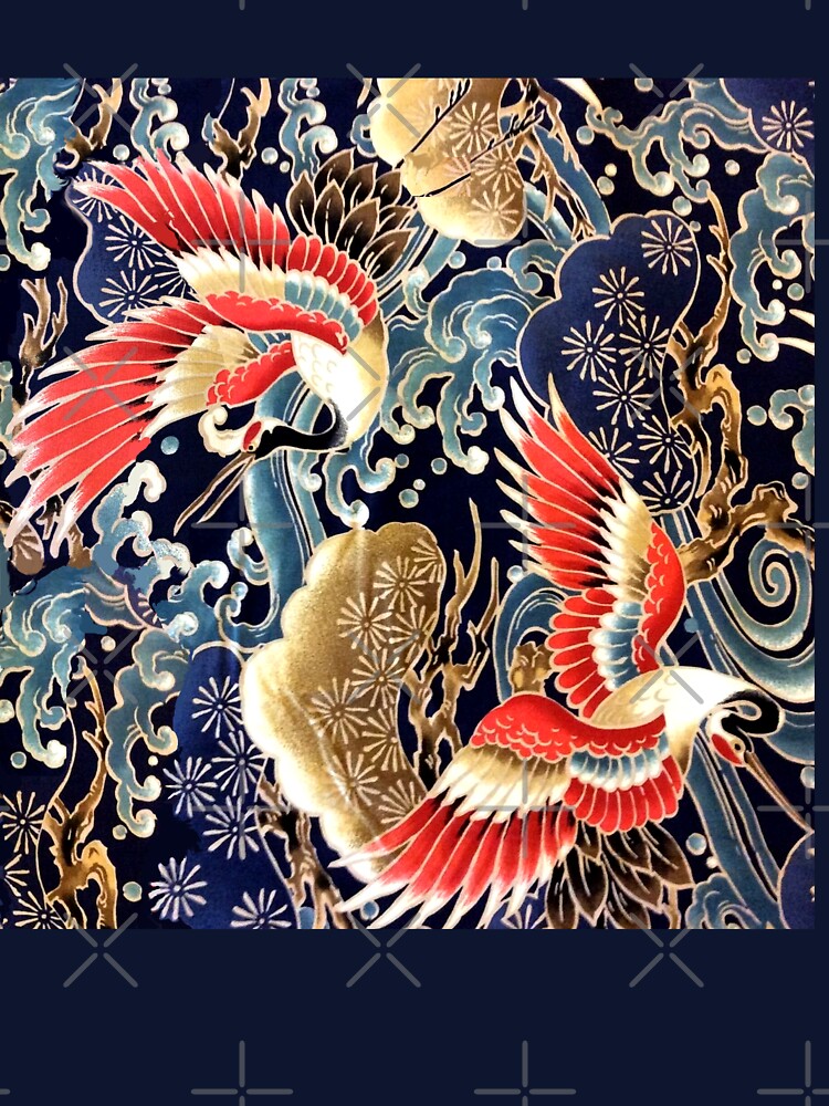 JAPANESE FLYING CRANES ,FLOWERS, SEA WAVES RED NAVY BLUE FLORAL by BulganLumini