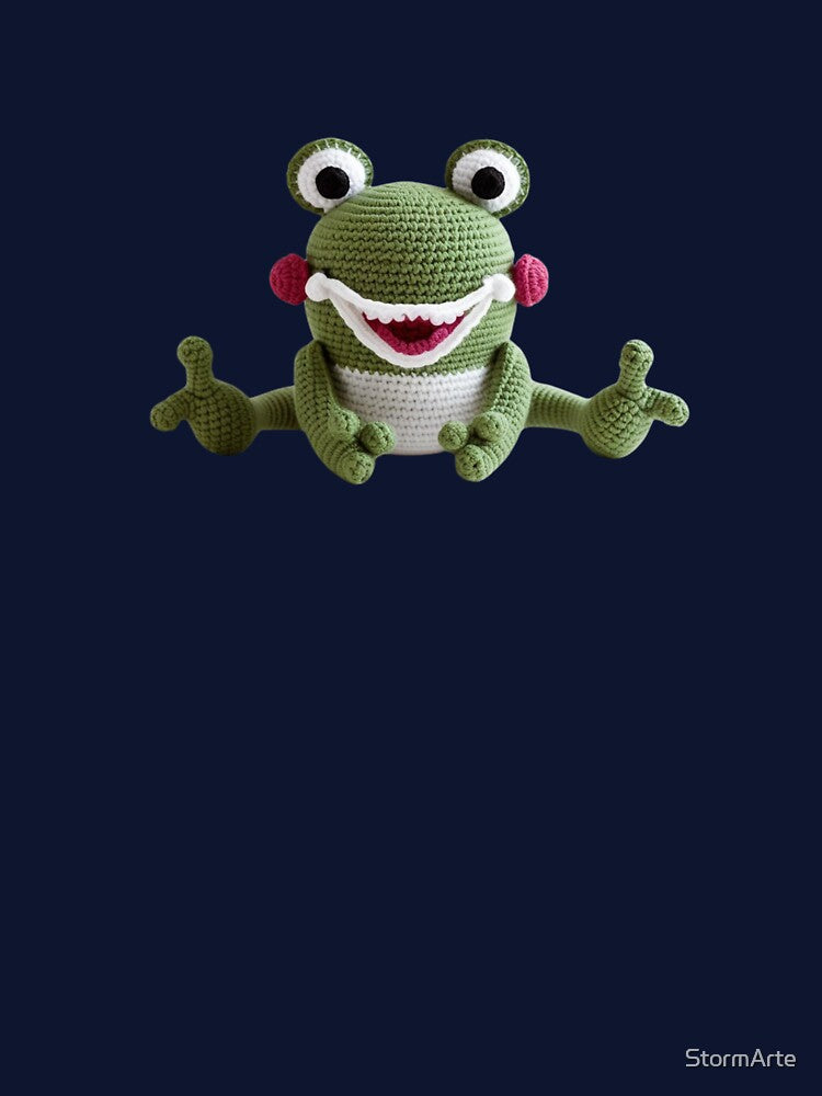 Funny crochet frog with pink cheeks – cute and cheerful design by StormArte