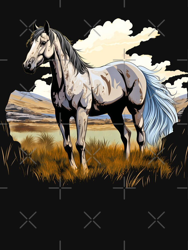 Beautiful grey arabian horse grazing on a country meadow illustration by NBSStore