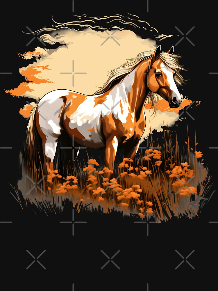 Beautiful brown and white arabian horse grazing on a country meadow illustration by NBSStore