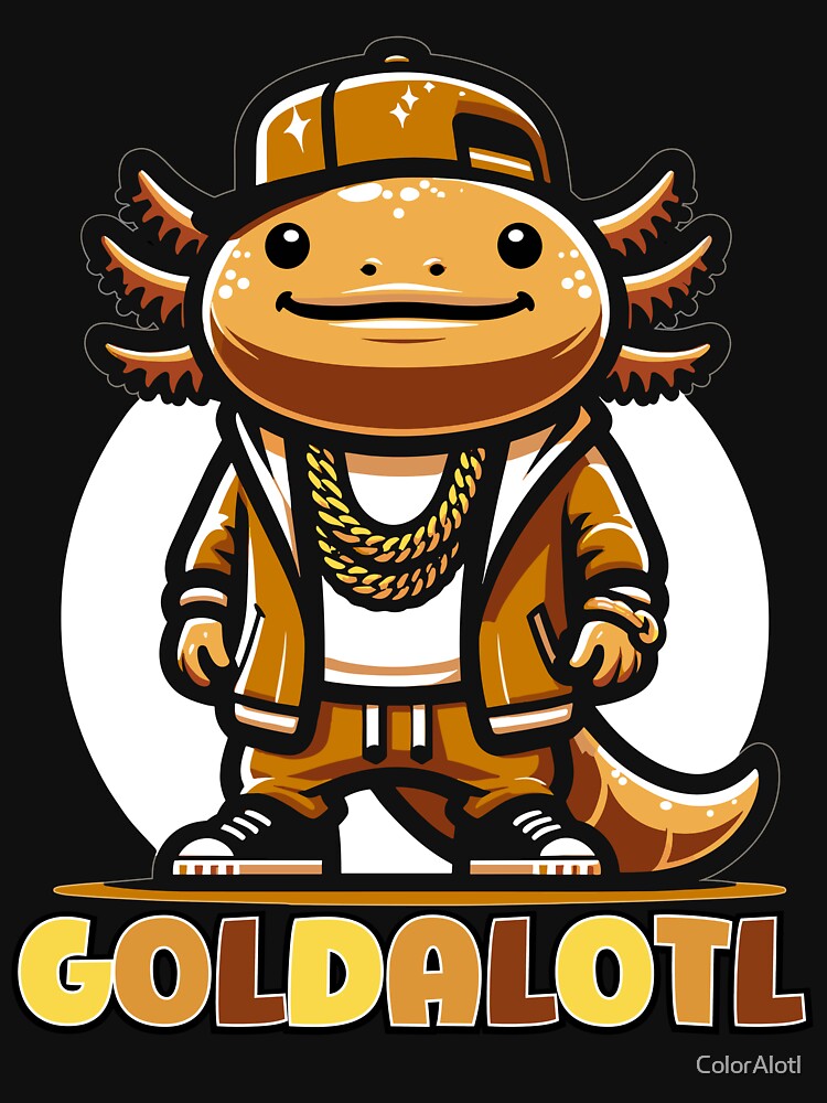 Hip-hop style cartoon goldalotl, golden Axolotl by ColorAlotl