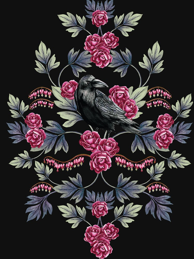 Crow, Bleeding Heart & Roses Floral/Botanical Pattern by somecallmebeth