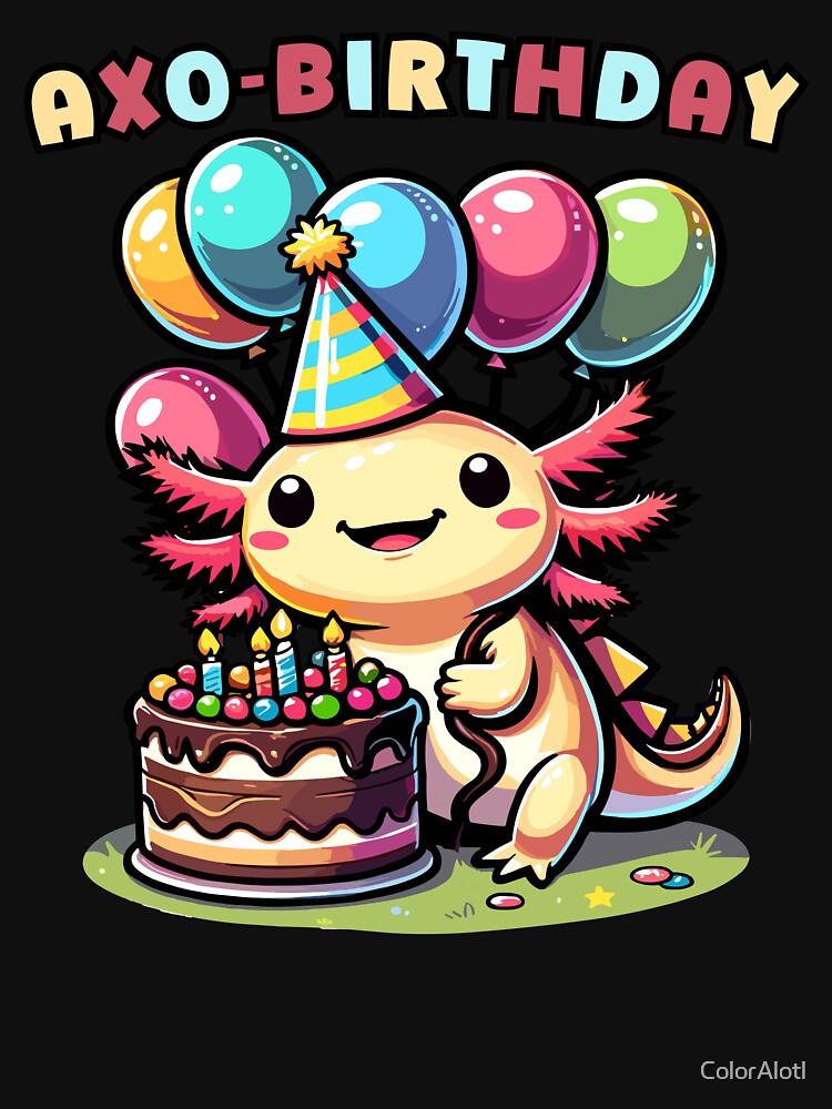 Axolotl birthday party with ballons And cake - Cute Kawaii mexican walking fish birthday celebration pun by ColorAlotl