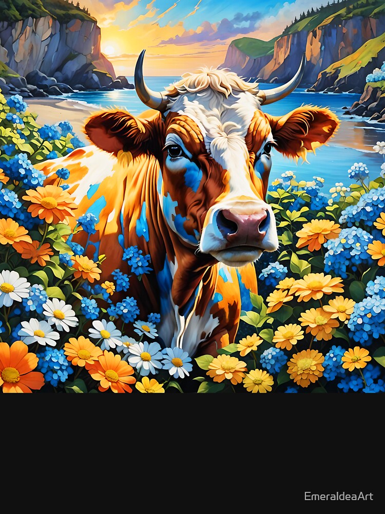 Beautiful COW stanging among flowers on a meadow of a bay beach by EmeraldeaArt