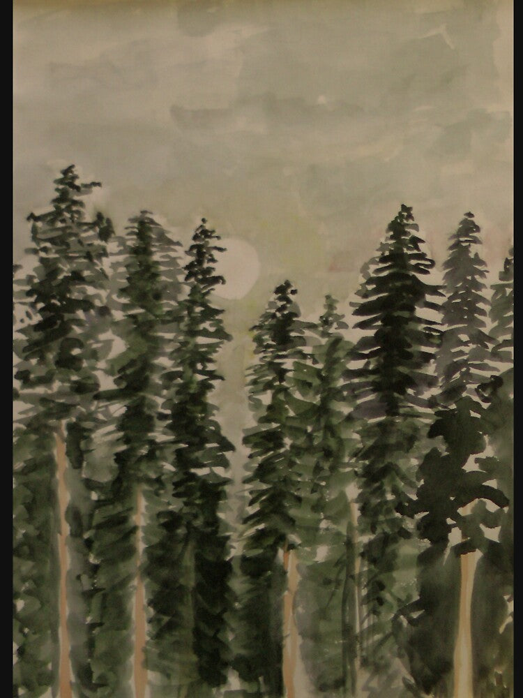 Misty Pine Forest Watercolor. Atmospheric Evergreen Landscape Art by Cvetok