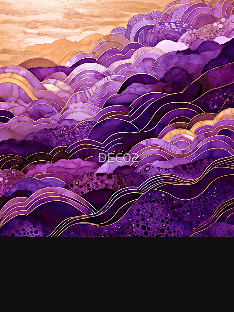 Purple Ocean Waves Abstract Art With Golden Sunset by DEC02