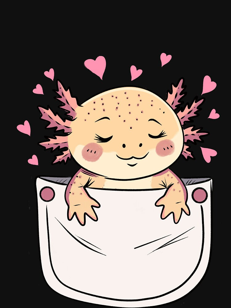 Cute Axolotl in Pocket T-Shirt – Kawaii Pocket Axolotl with Hearts – Adorable Axolotl Lover by SimoesArtistry