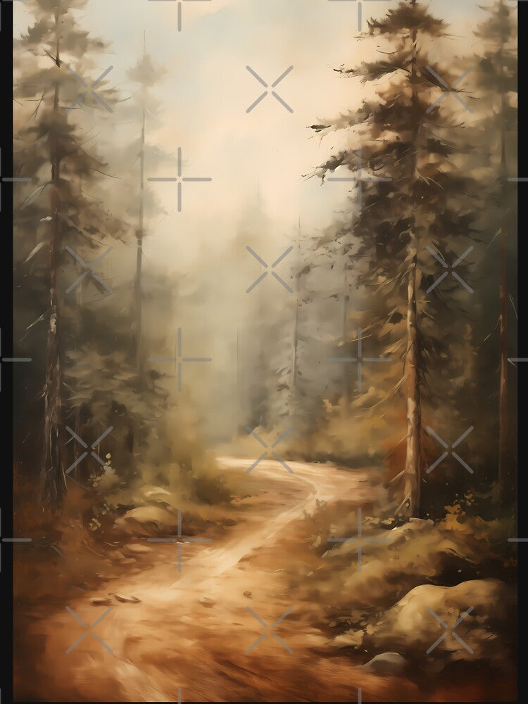 Deep in the forest, woodland path surrounded by trees brush stroke painting by NBSStore