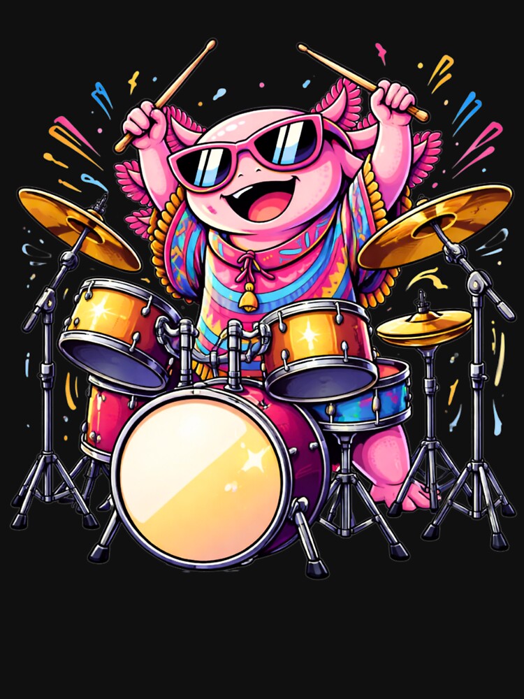Energetic Drummer Axolotl – Fun Pop Art Music Animal Illustration by ColorSplash123