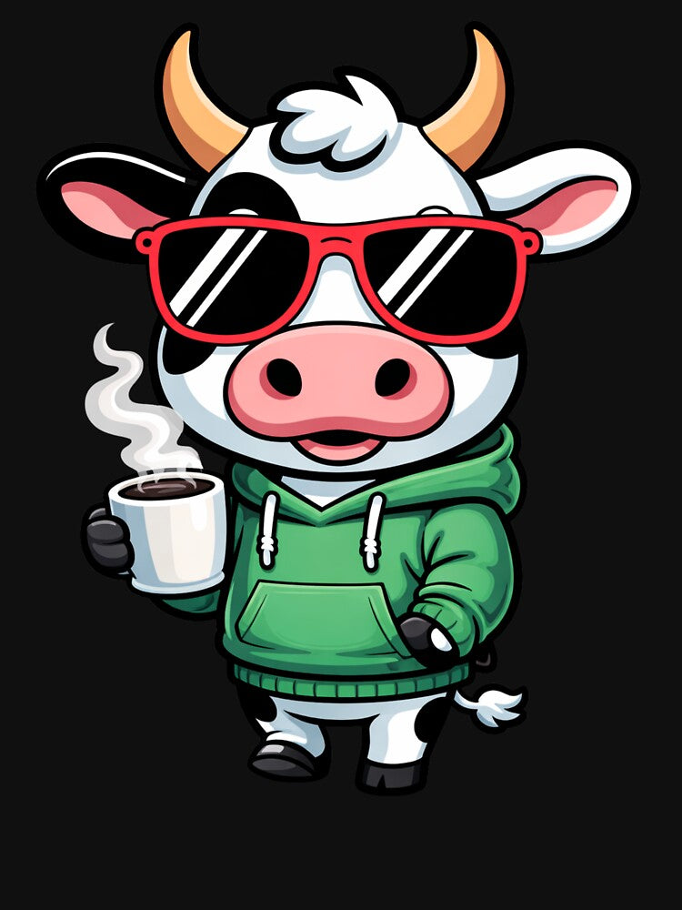 Cool Coffee Lover Cow – Cute Hoodie Cow with Sunglasses | Café Lifestyle Cartoon by ColorSplash123