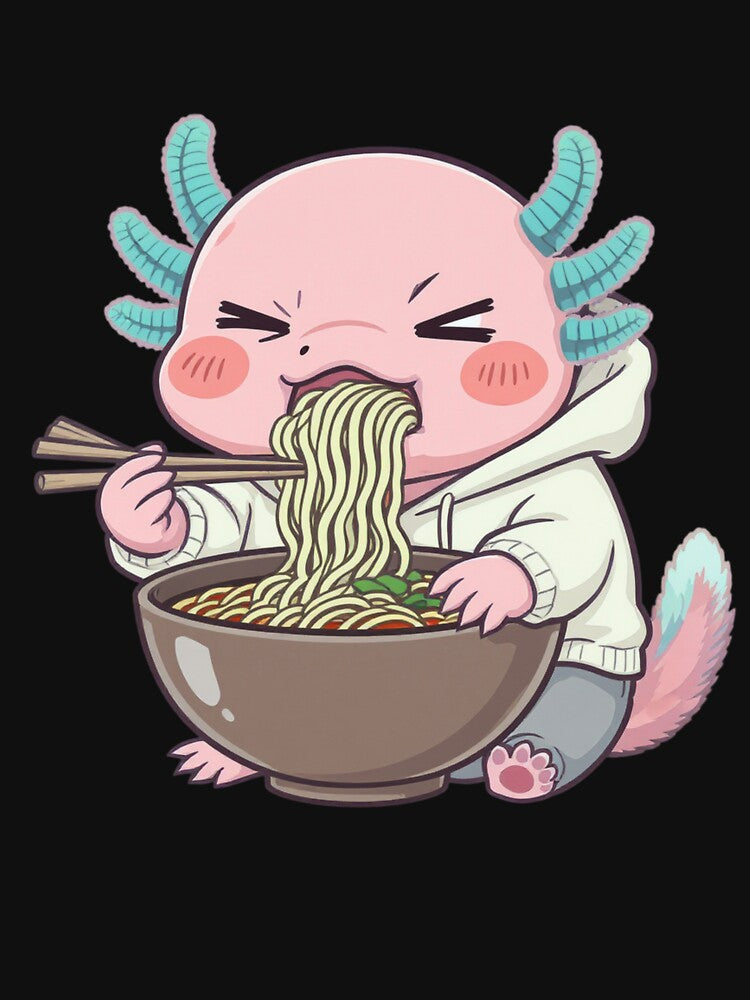 Hungry Axolotl Eating Ramen – Cute Funny Food Illustration by ColorSplash123