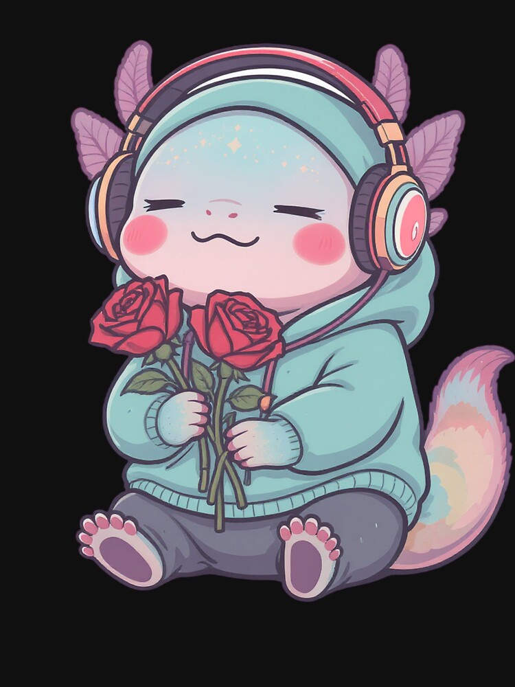 Chill Axolotl with Headphones and Roses – Lo-Fi Romantic Illustration by ColorSplash123