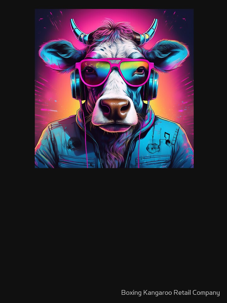 Cow in Headphones and Shades Synthwave by Boxing Kangaroo Retail Company