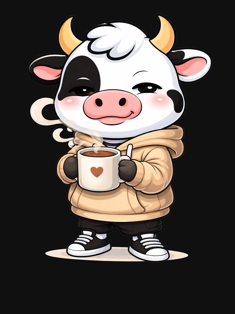 Morning Coffee Cow – Cute Kawaii Cow Cartoon | Cozy Café Lifestyle Design by ColorSplash123