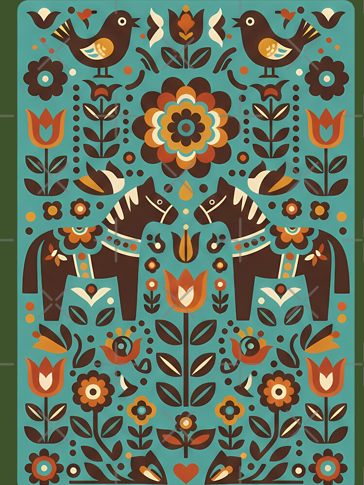 Teal Dala Horse Pattern – Scandinavian Folk Art Fusion by heidiannemorris © by FOLK ART FUSION by heidiannemorris