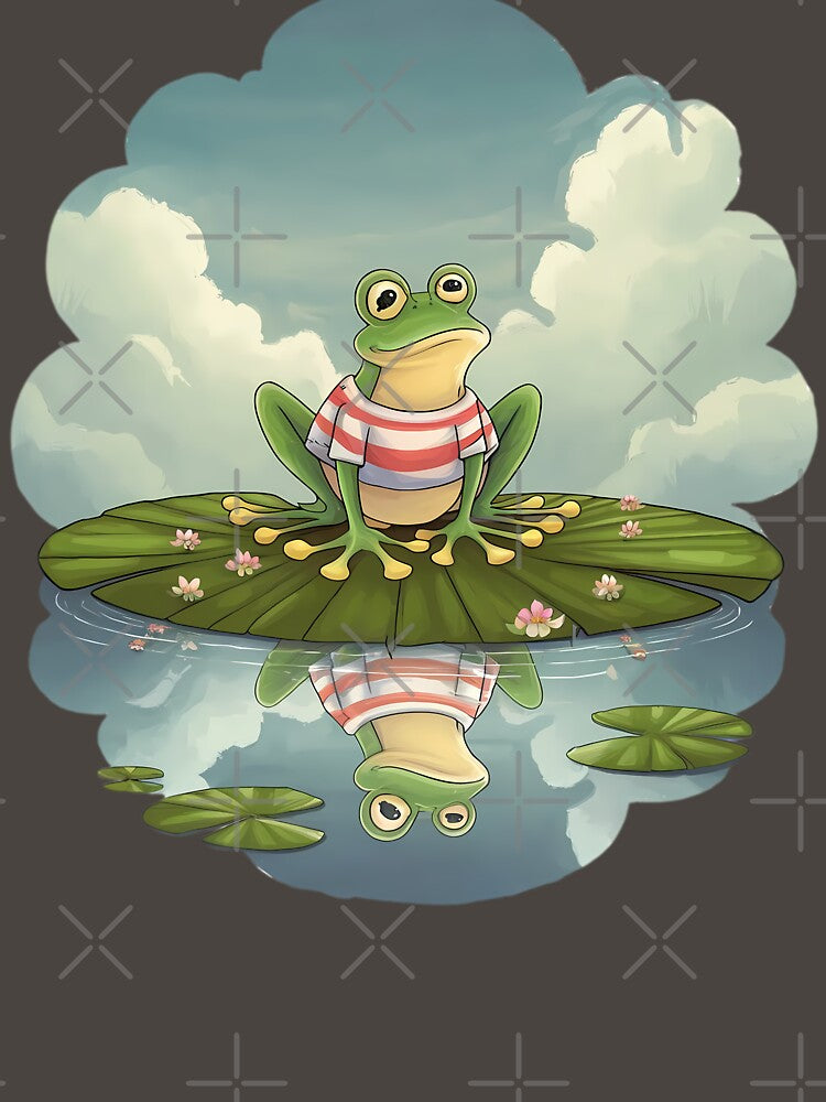 Cute Frog Sitting on Lily Pad Wearing Striped Shirt Frog Aesthetic by DNDU_Design