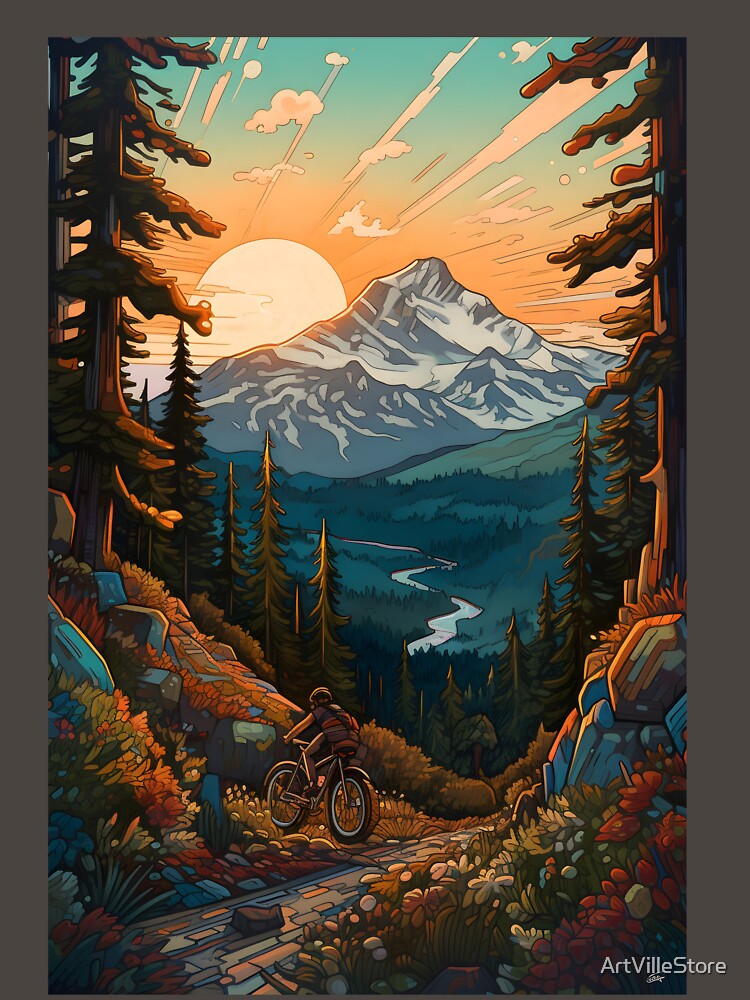 mountain and sun mountain bike art by ArtVilleStore