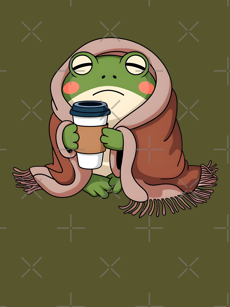Sleepy Cozy Frog Drinking Coffee Cute Frog Aesthetic by DNDU_Design