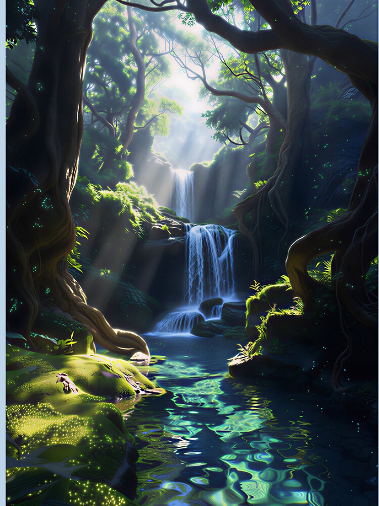 Luminous Forest Waterfall with Sunlight and Ancient Trees by Soluna Studio