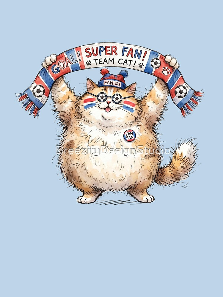 Funny Fluffy Cat Soccer Super Fan holding Goal Scarf Art by BreezifyDesignStudio