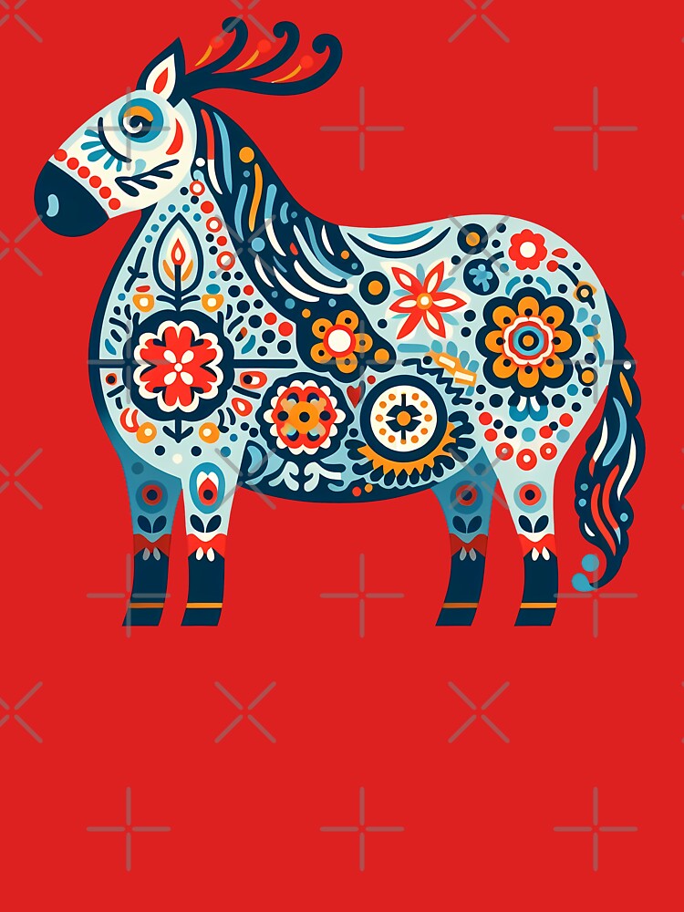 Decorated Colorful Blue Folk Horse - Scandinavian Folk Art by heidiannemorris © by FOLK ART FUSION by heidiannemorris
