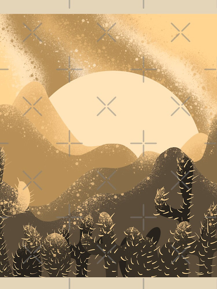 Golden Desert Sunset with Cacti - Minimalist Boho Landscape Illustration by TheArtOfTreble
