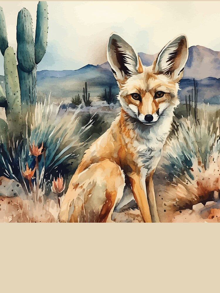 A Sitting Fennec Fox - Boho Desert Landscape Watercolors by GVRDesign