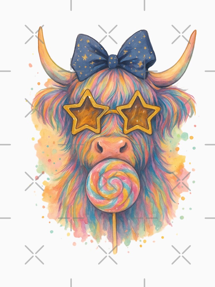 Whimsical Rainbow Highland Cow with Star Sunglasses and Lollipop  T-shirt , Mugs , sticker by 5CatDesign