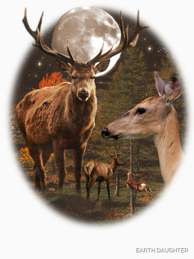 Vintage Deer and Stag Moon Mystical Forest by EARTH DAUGHTER