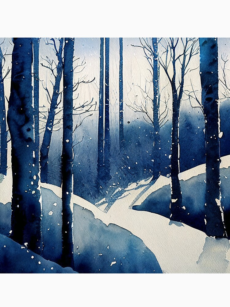 Deep blue forest winter in loose fluid watercolor for winter festive season by aricutcia