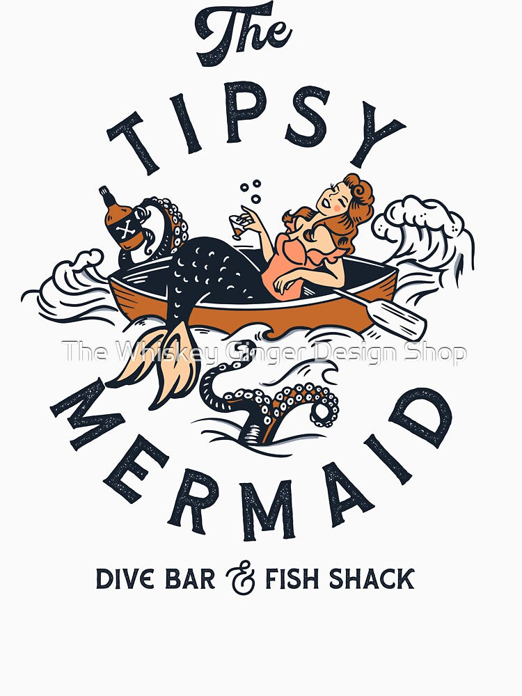 The Tipsy Mermaid Dive Bar & Fish Shack. Vintage Pinup Girl Art by The Whiskey Ginger Design Shop