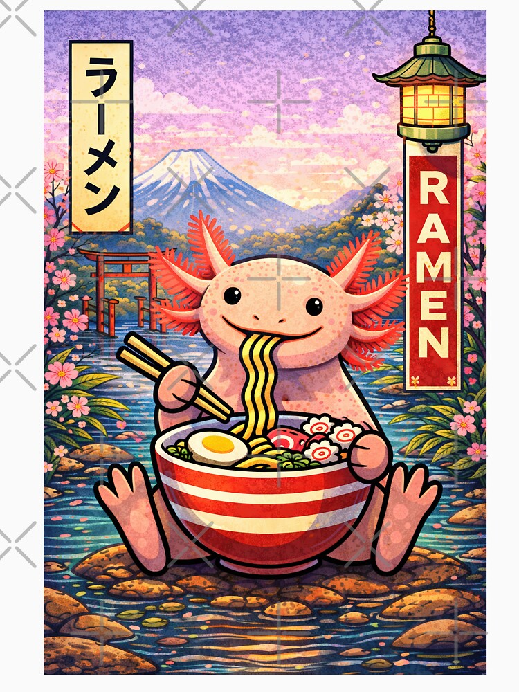 Axolotl Eating Ramen – Cute Kawaii Axolotl Art by RetroPop23