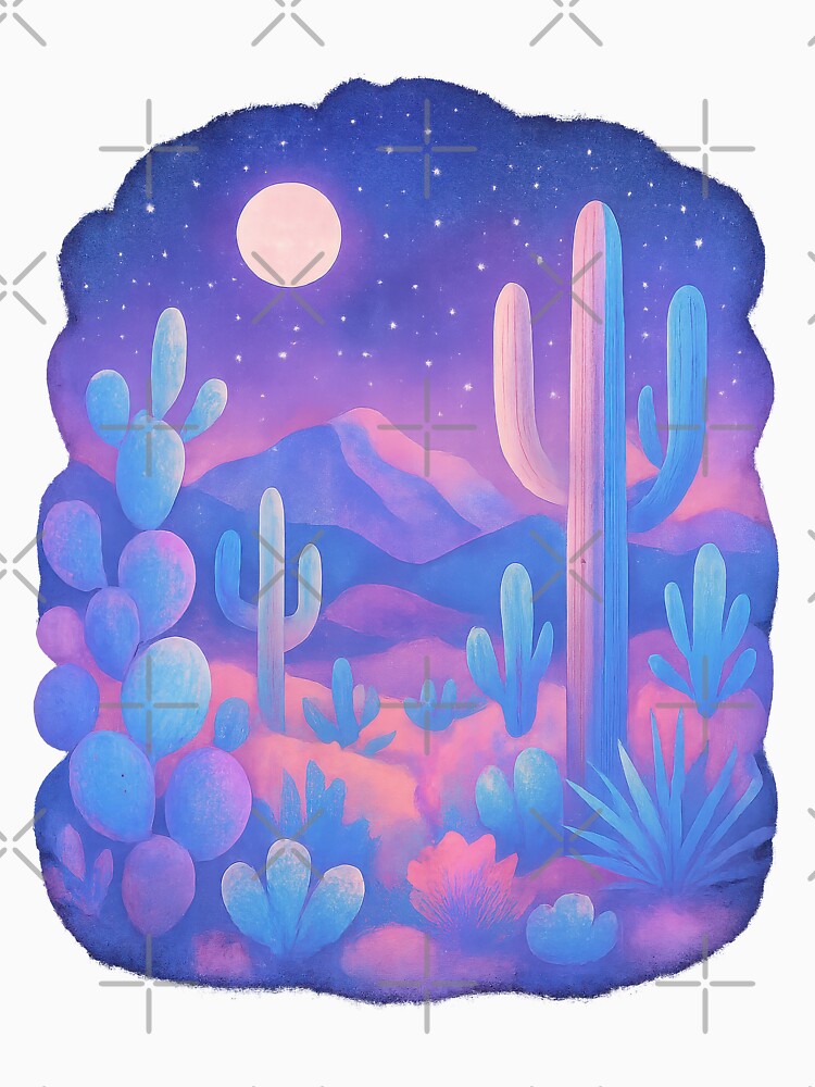 Dreamy Desert Night - Colorful Cactus Landscape Under Starry Sky by inkoutninja