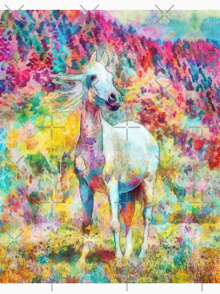 White Arabian horse sitting in front of a mountain forest - warm pastel colors by NickoPrints